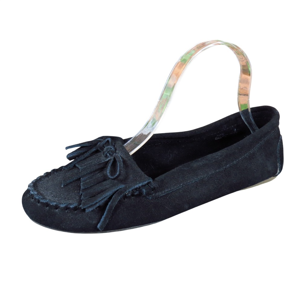Minnetonka Kilty Women Moccasin Flats Size 8 Walking Comfort Black Suede Fringe